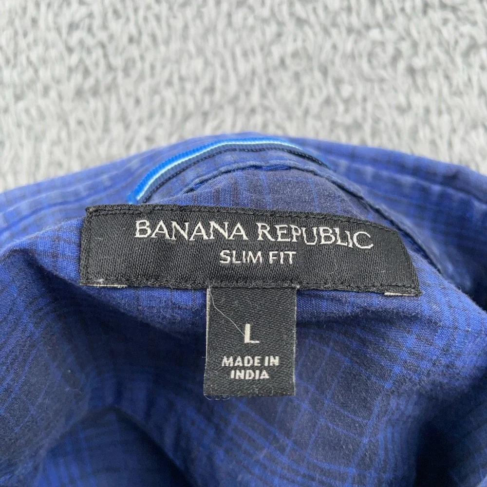 Banana Republic Shirt Mens Large Blue Pearl Snap Plaid Slim Fit Western